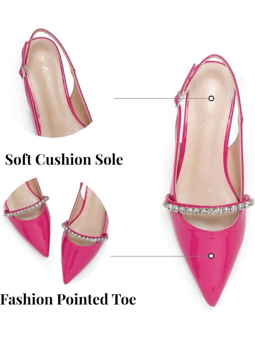 Women's Slingback Flats with Rhinestone Pointed Toe Flats Hot Pink Dressy Shoes - Picture 3 of 6